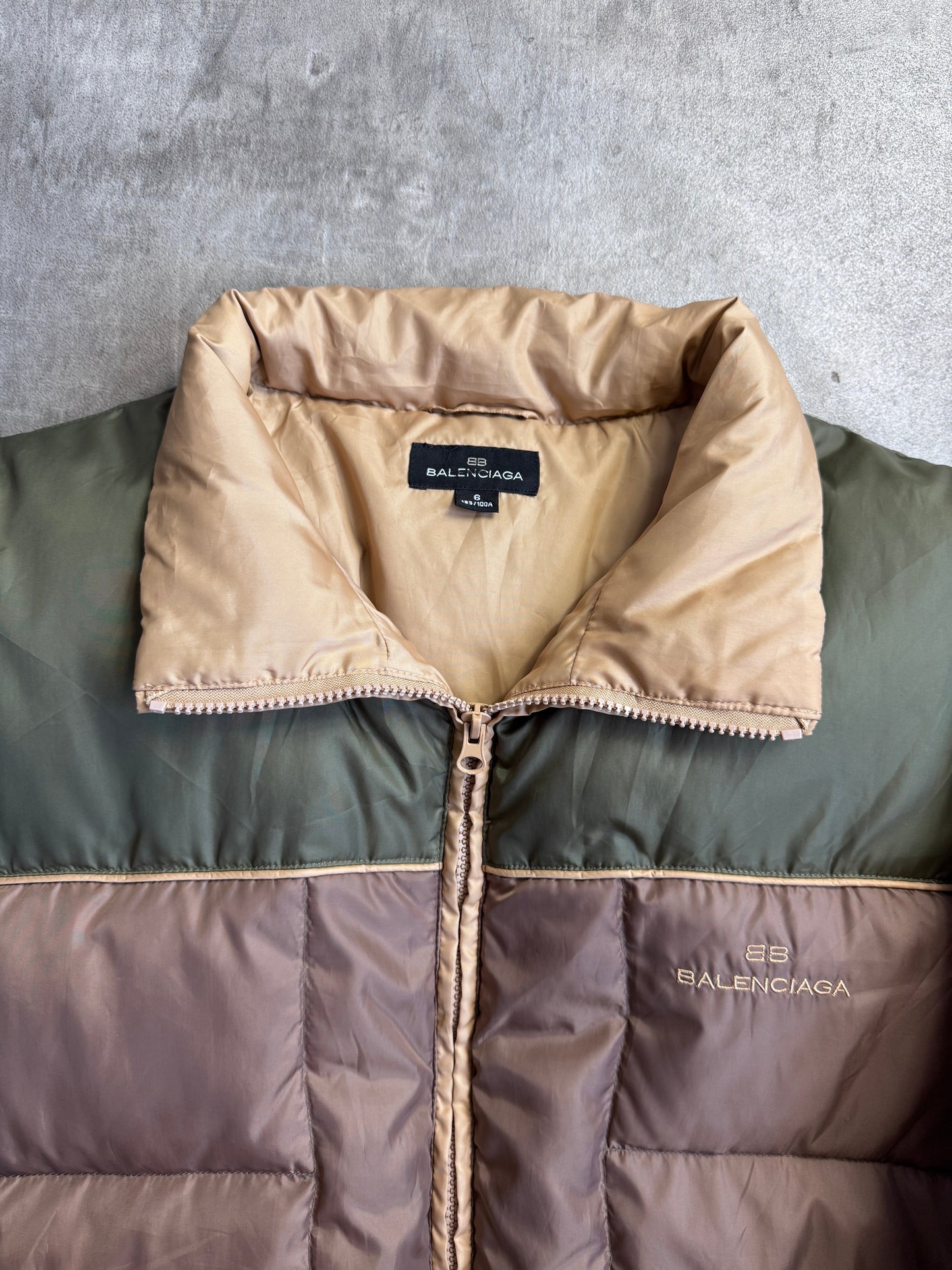 Balenciaga 90s Vintage Khaki Colour Block Down Feather Puffer Jacket