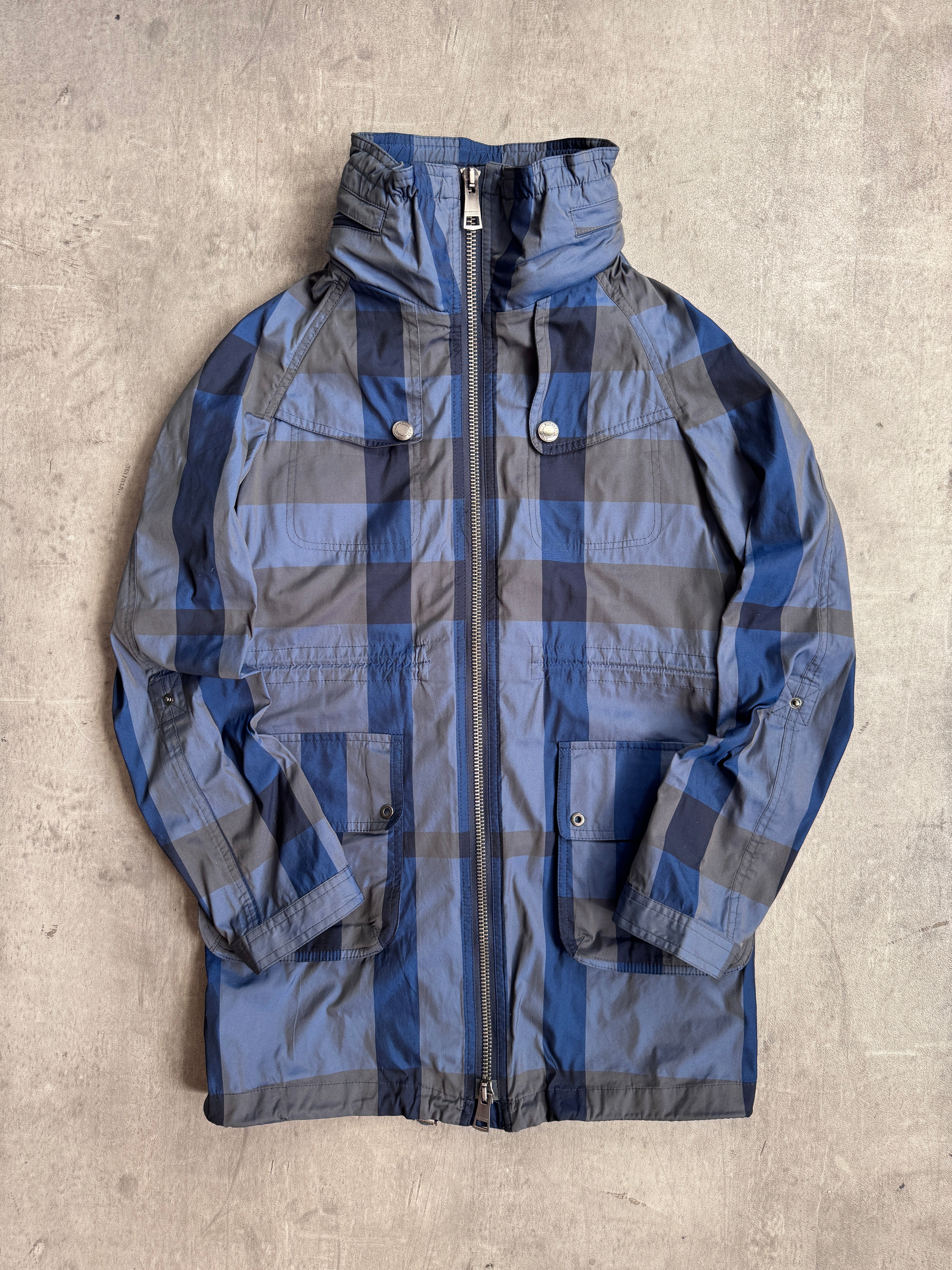 Burberry Brit Blue Nova Check Print Hooded Windbreaker Tech Jacket