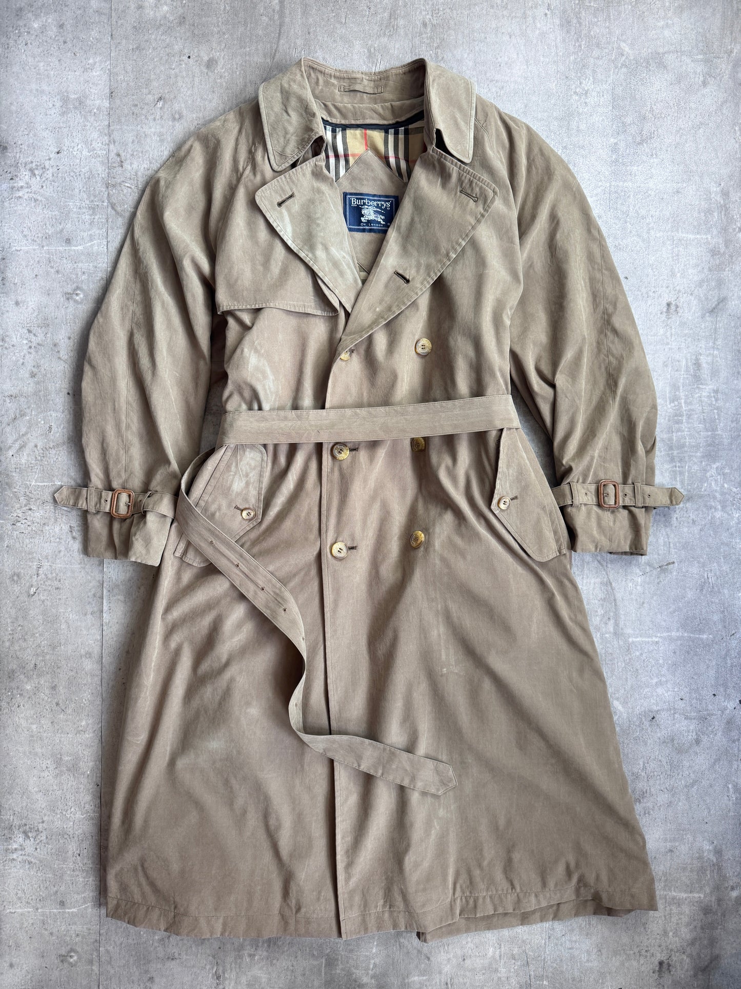 Burberry Khaki Flocked Double Breasted Wool Lined Nova Check Detailed Trench