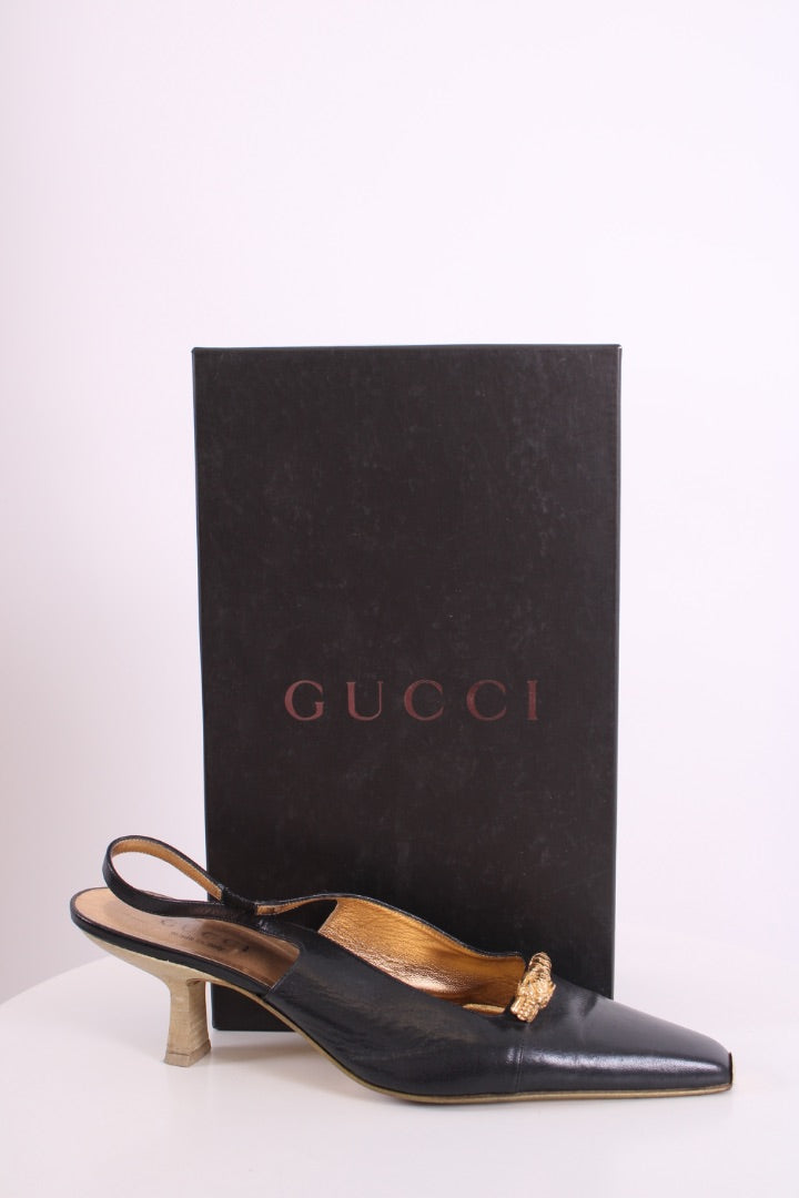 Gucci Dragon Accent Slingback Heels Black/ Gold 40.5 | DEFAULT TITLE, Black