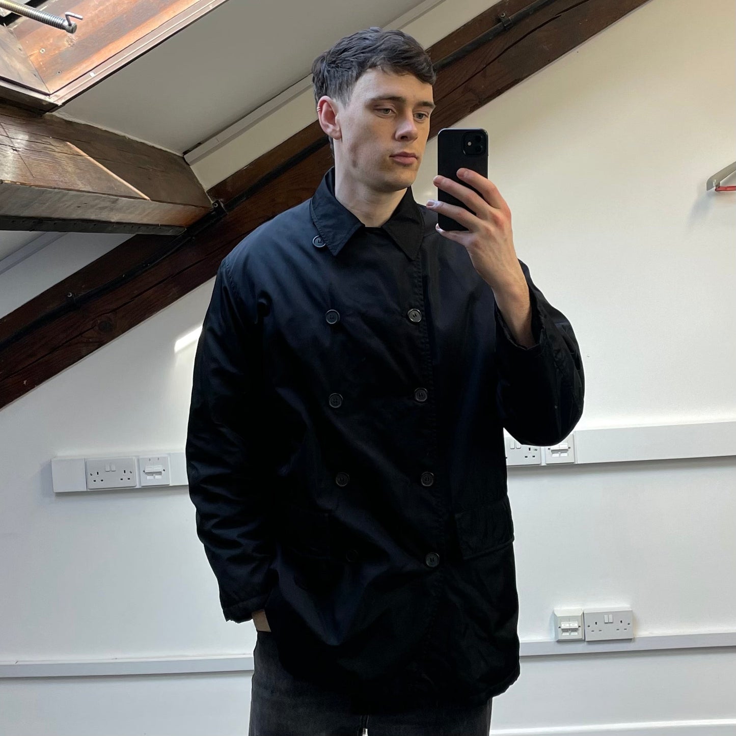 Prada Milano Black 90s Nylon Padded Button-Up Peacoat | Large, Black