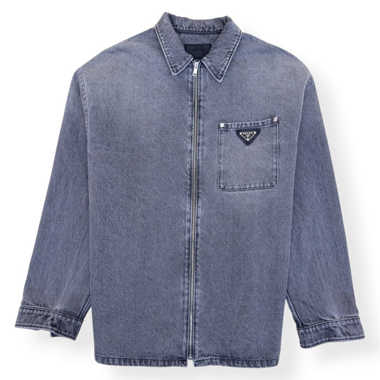PRADA TRIANGLE LOGO DENIM ZIP OVERSHIRT GREY XXL | XXL, Grey