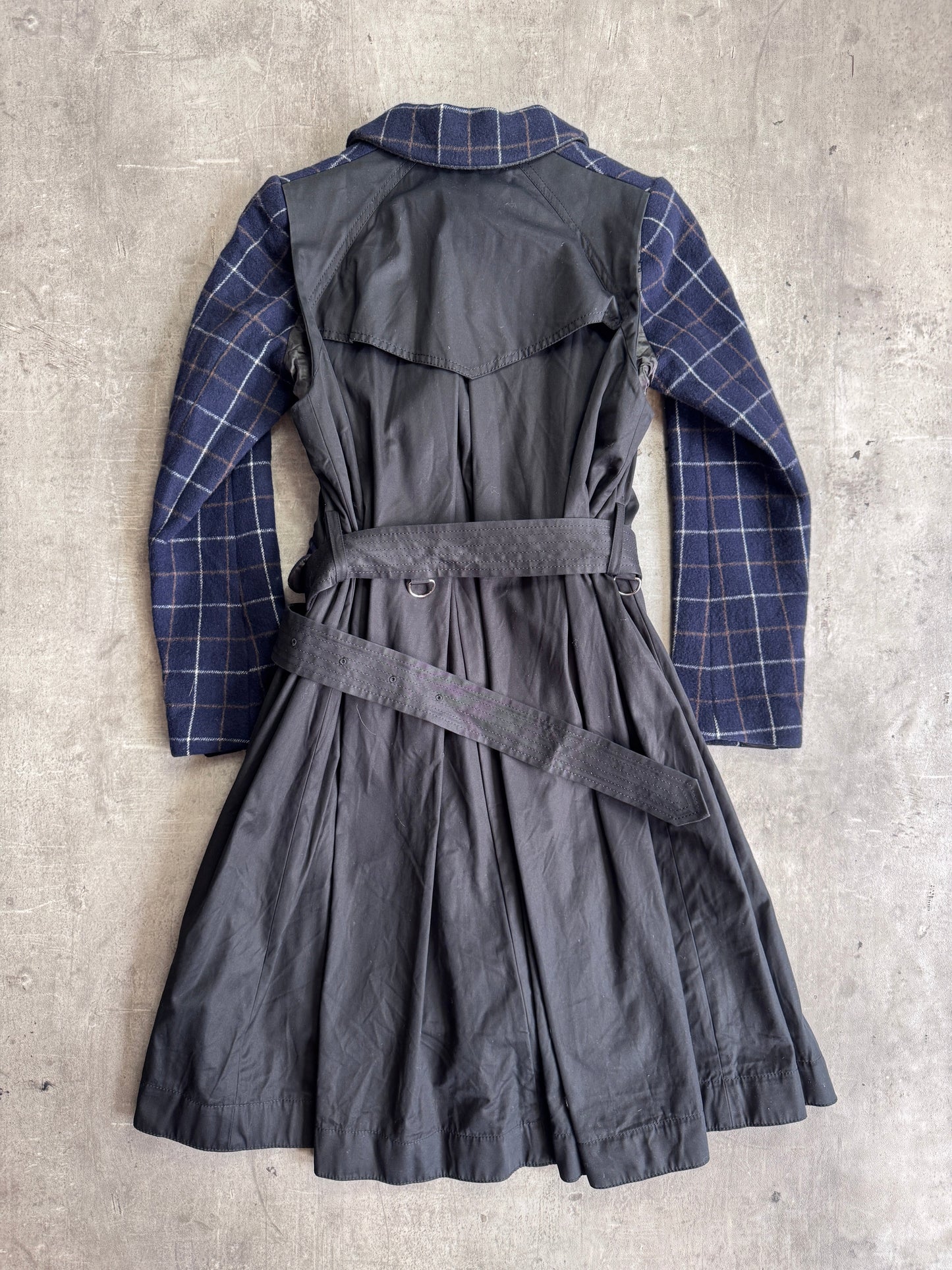 Sacai Navy Check Wool Blend Black Nylon Detailed Belted Raincoat
