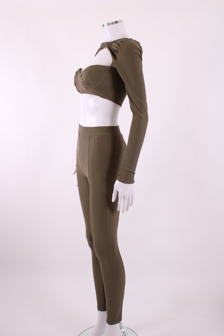 Alex Perry Twisted Cut Out Crop Top & Leggings Khaki S | Default Title, Khaki