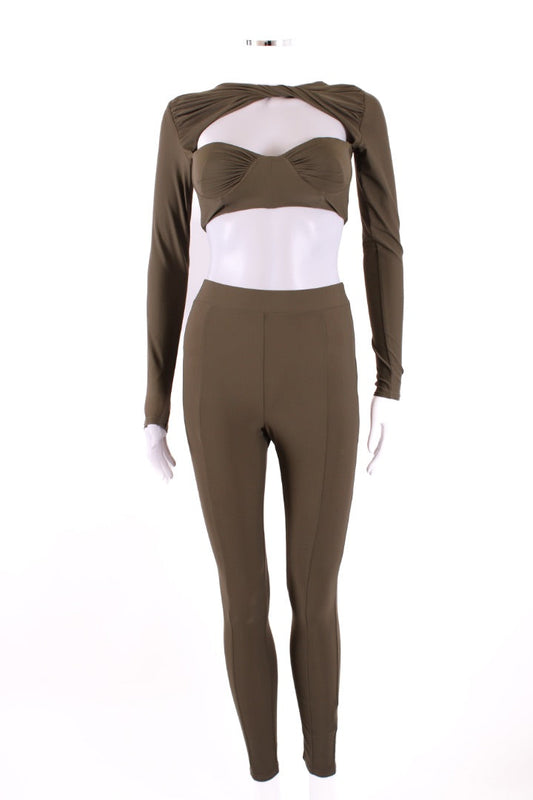 Alex Perry Twisted Cut Out Crop Top & Leggings Khaki S | Default Title, Khaki