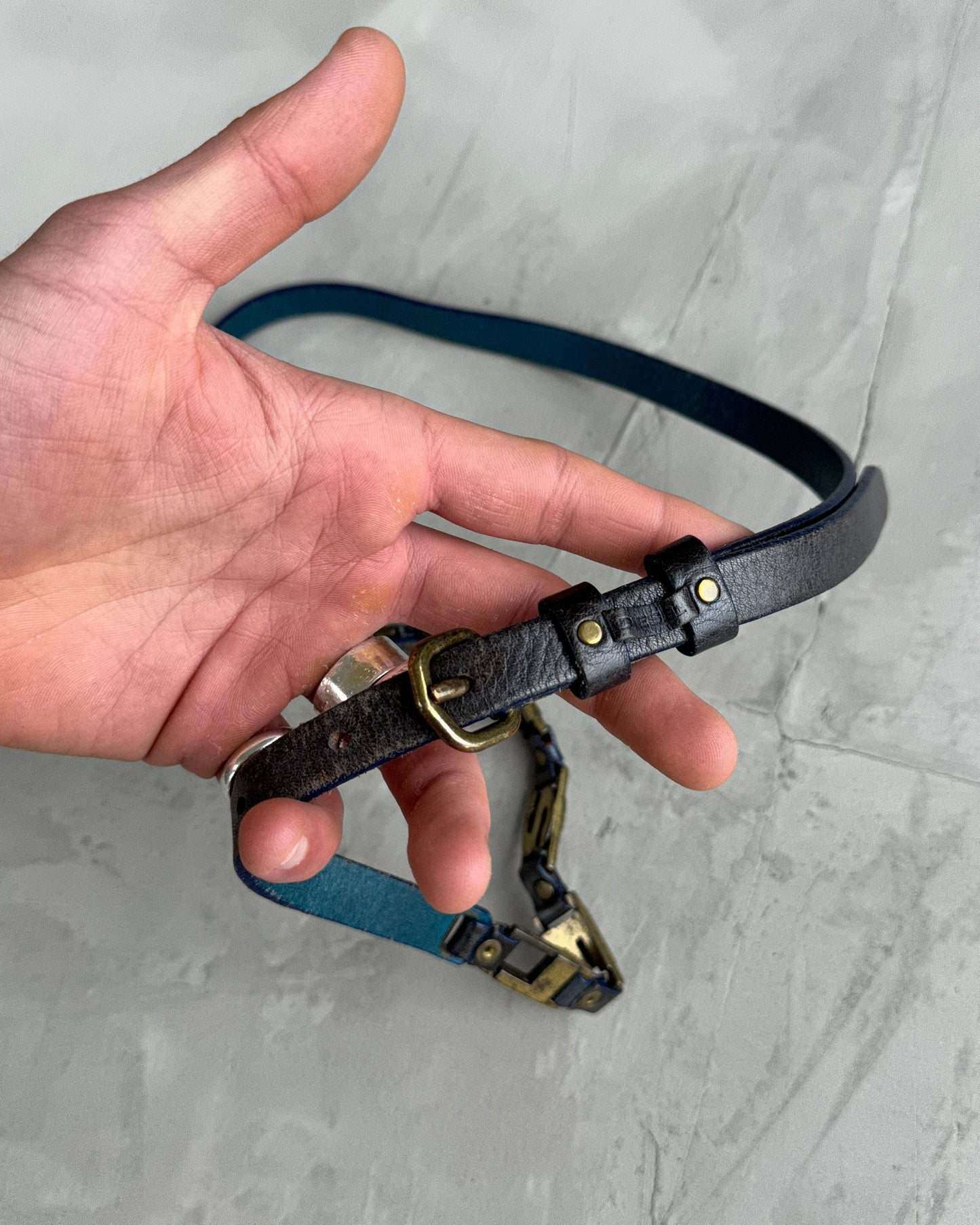 DIESEL 90'S LEATHER & METAL LOGO SKINNY BELT | O/S, Blue