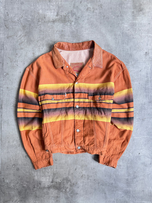 1990s Diesel Warm Tone Striped Leather Collar Trucker Jacket