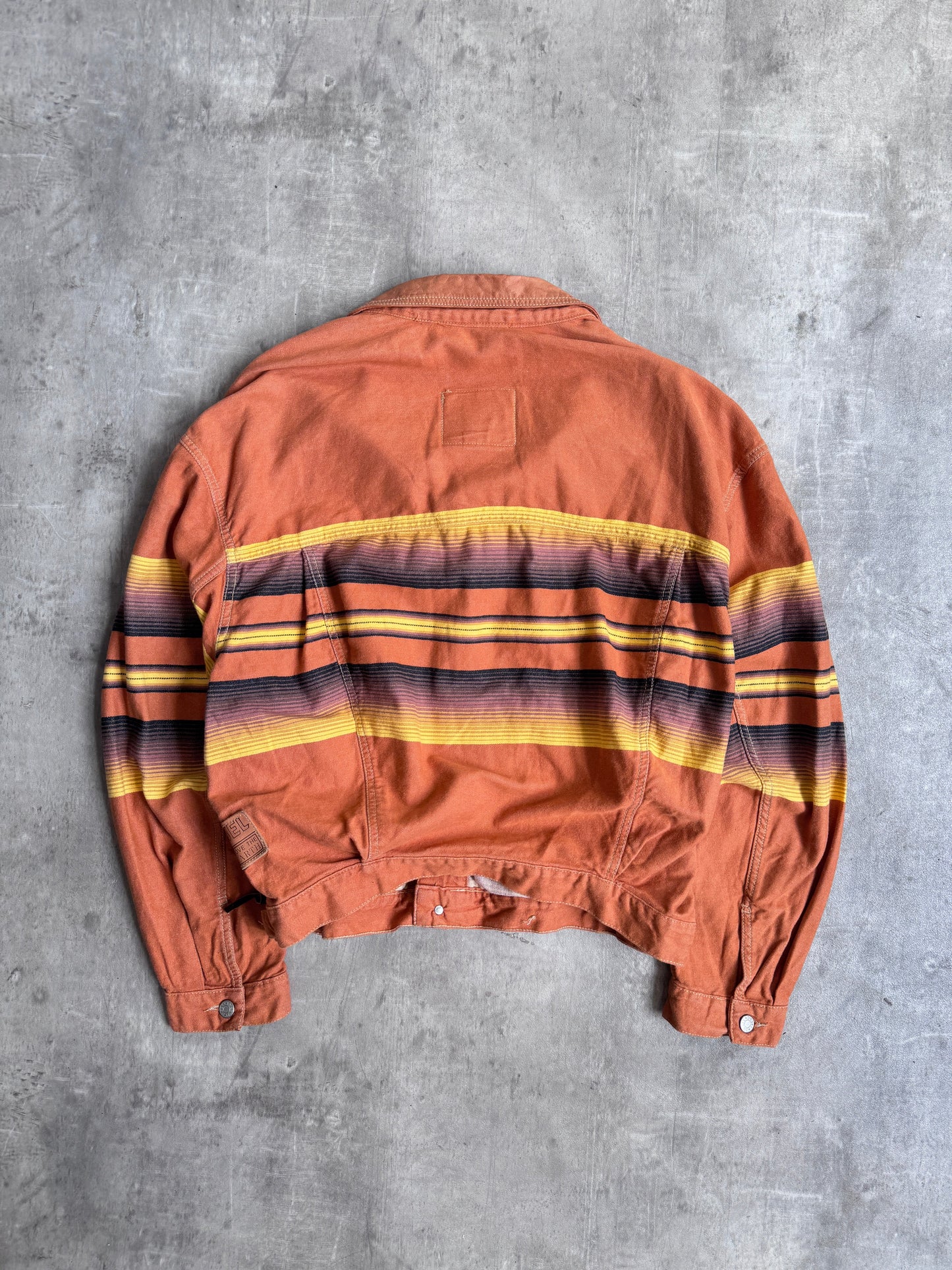 1990s Diesel Warm Tone Striped Leather Collar Trucker Jacket