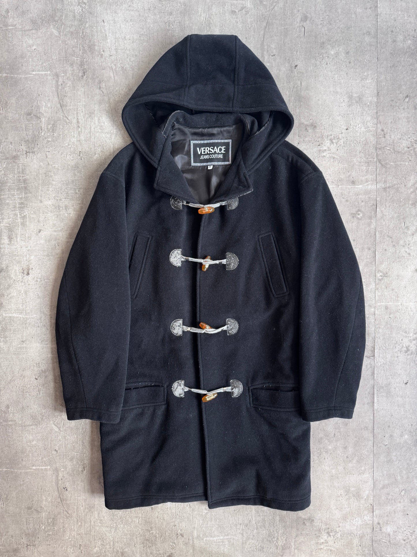 Versace Versus Black Wool Blend Logo Toggle Duffle Coat