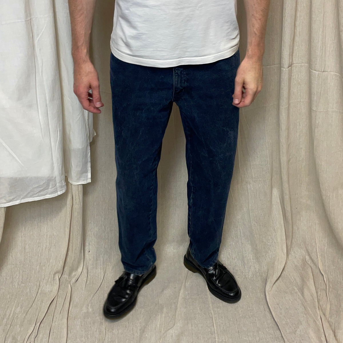 Armani Jeans Dark Blue 1990s Silver Logo Barrel Leg Denim Jeans | Medium, Blue