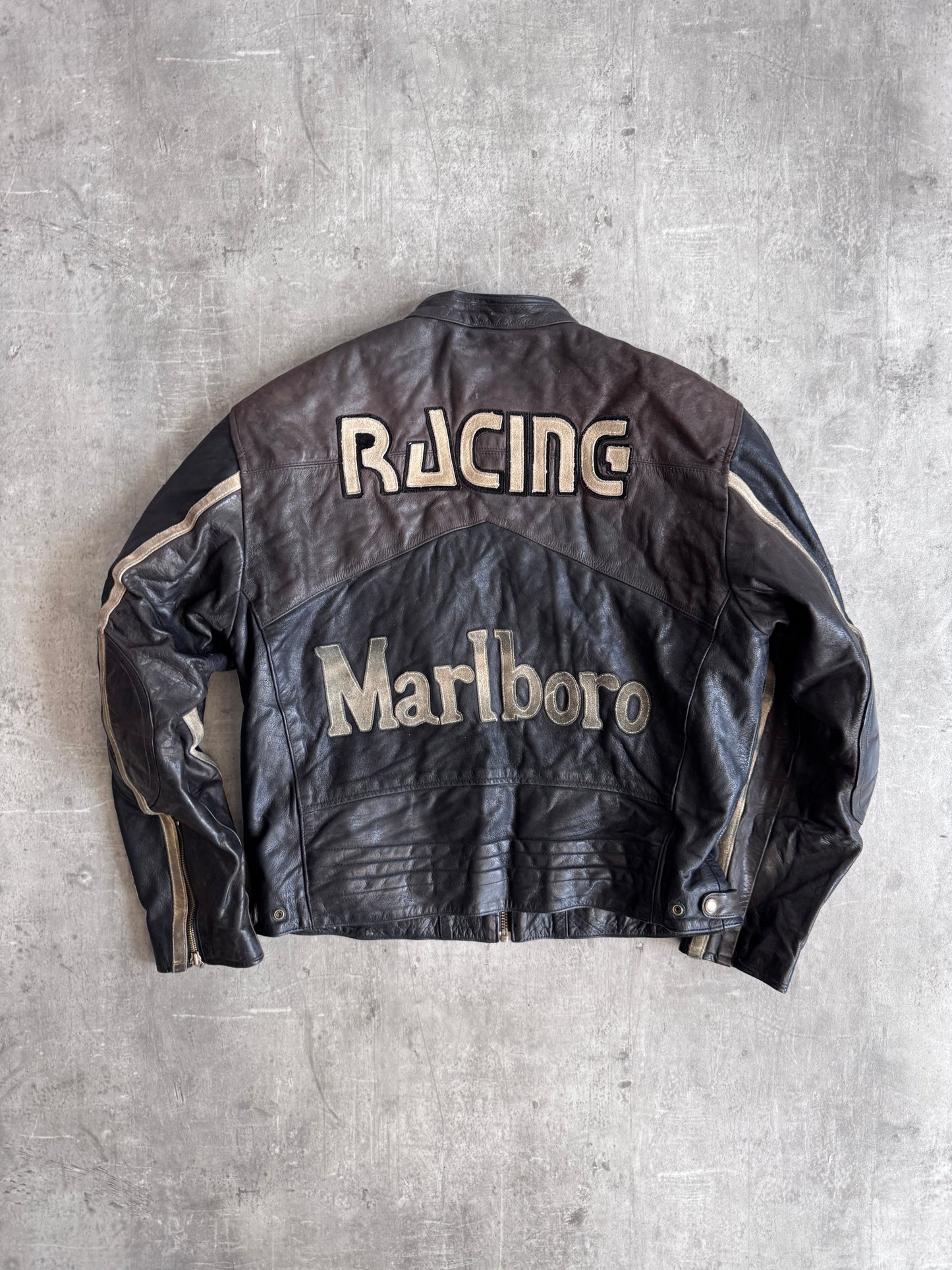 Marlboro Weathered Black Leather Moto Racing Jacket