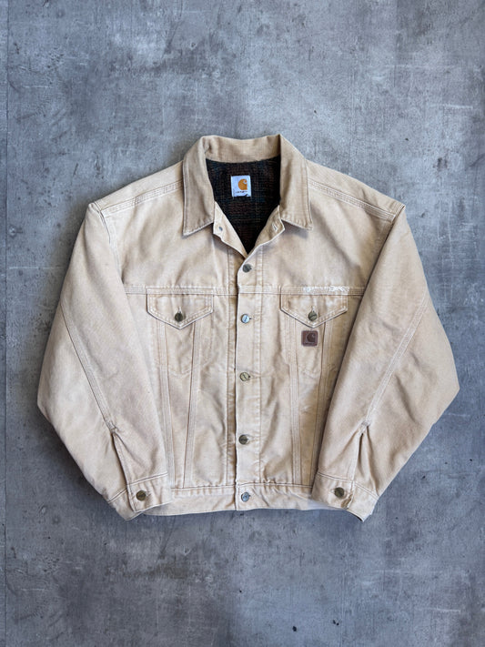 Carhartt Beige Distressed Denim Wool Lined WIP Dayton Trucker Jacket