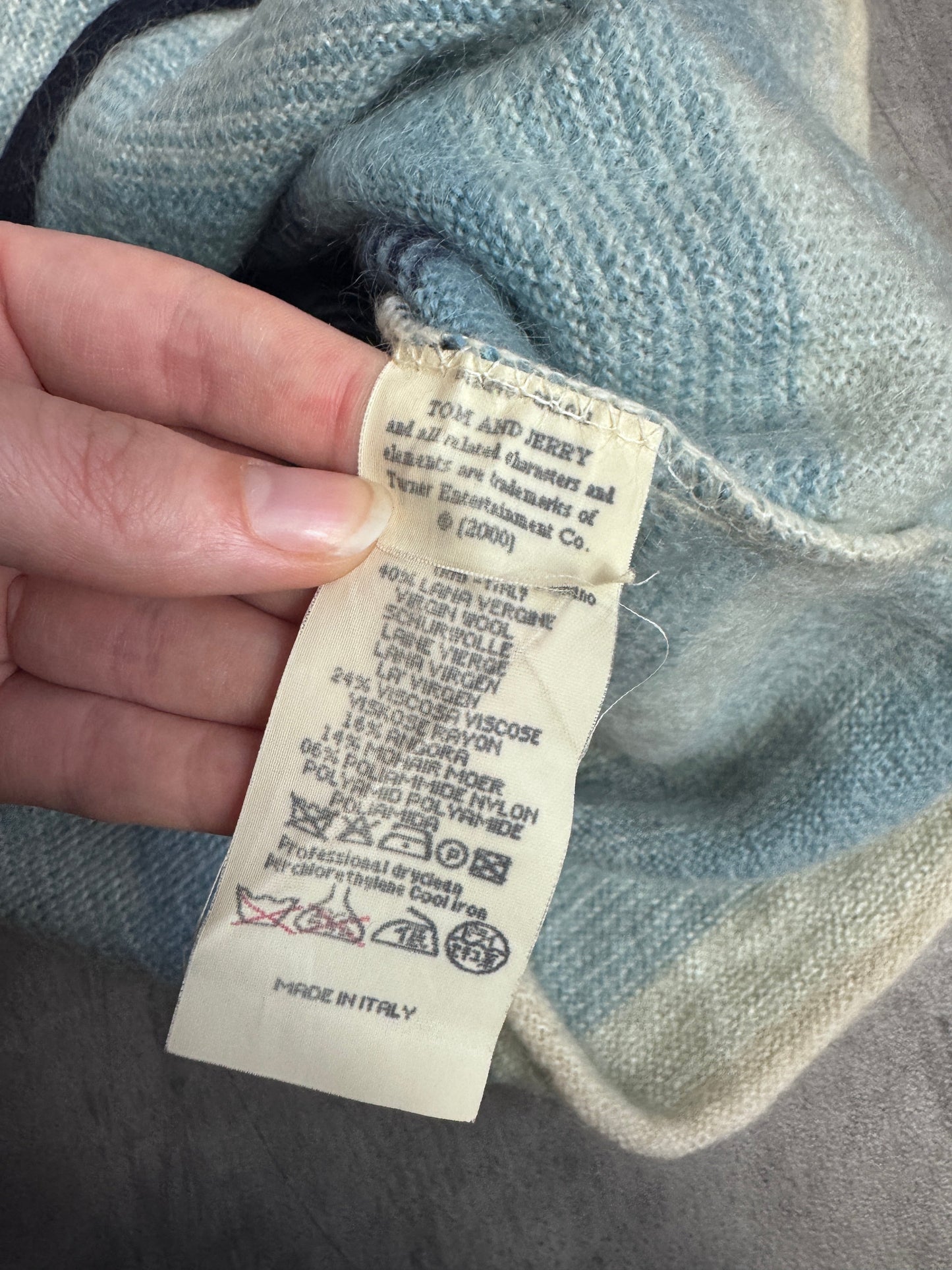 Iceberg Ice.History Mohair Blend Blue Button Down Tom And Jerry Patch Cardigan