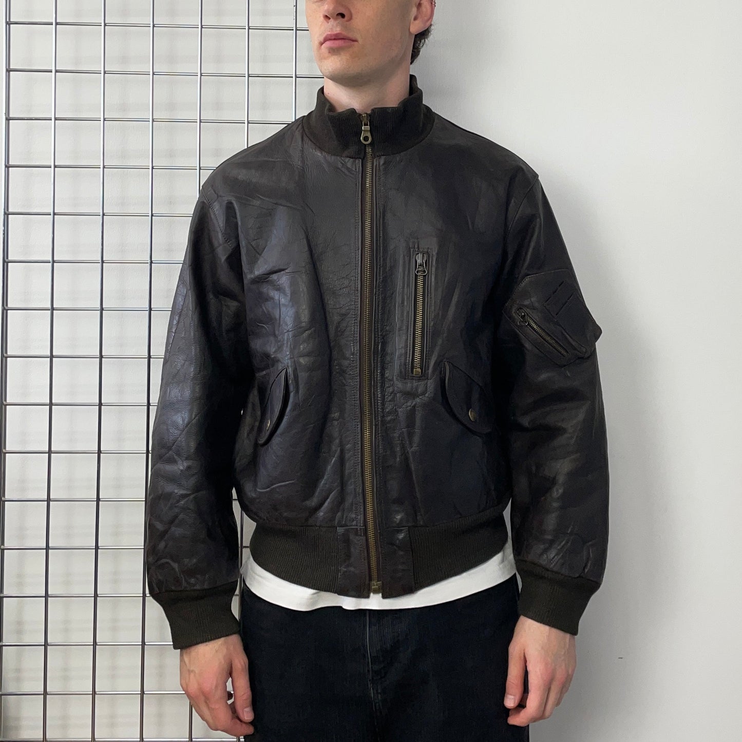 Armani Jeans Brown 90s Leather Bomber Jacket | X-Large, Brown