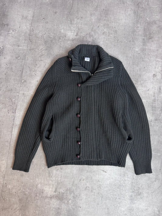 A/W 09' C.P. Company Military Green Lana Wool Rib Knit Asymmetric Button Up Sweater