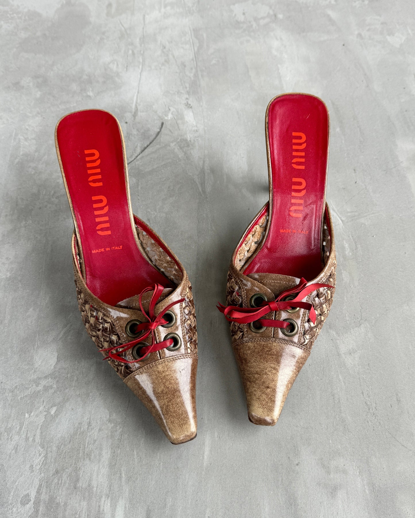 MIU MIU LEATHER LACE UP WOVEN KITTEN HEEL MULES - EU 36.5 / UK 4 | UK 4, Brown