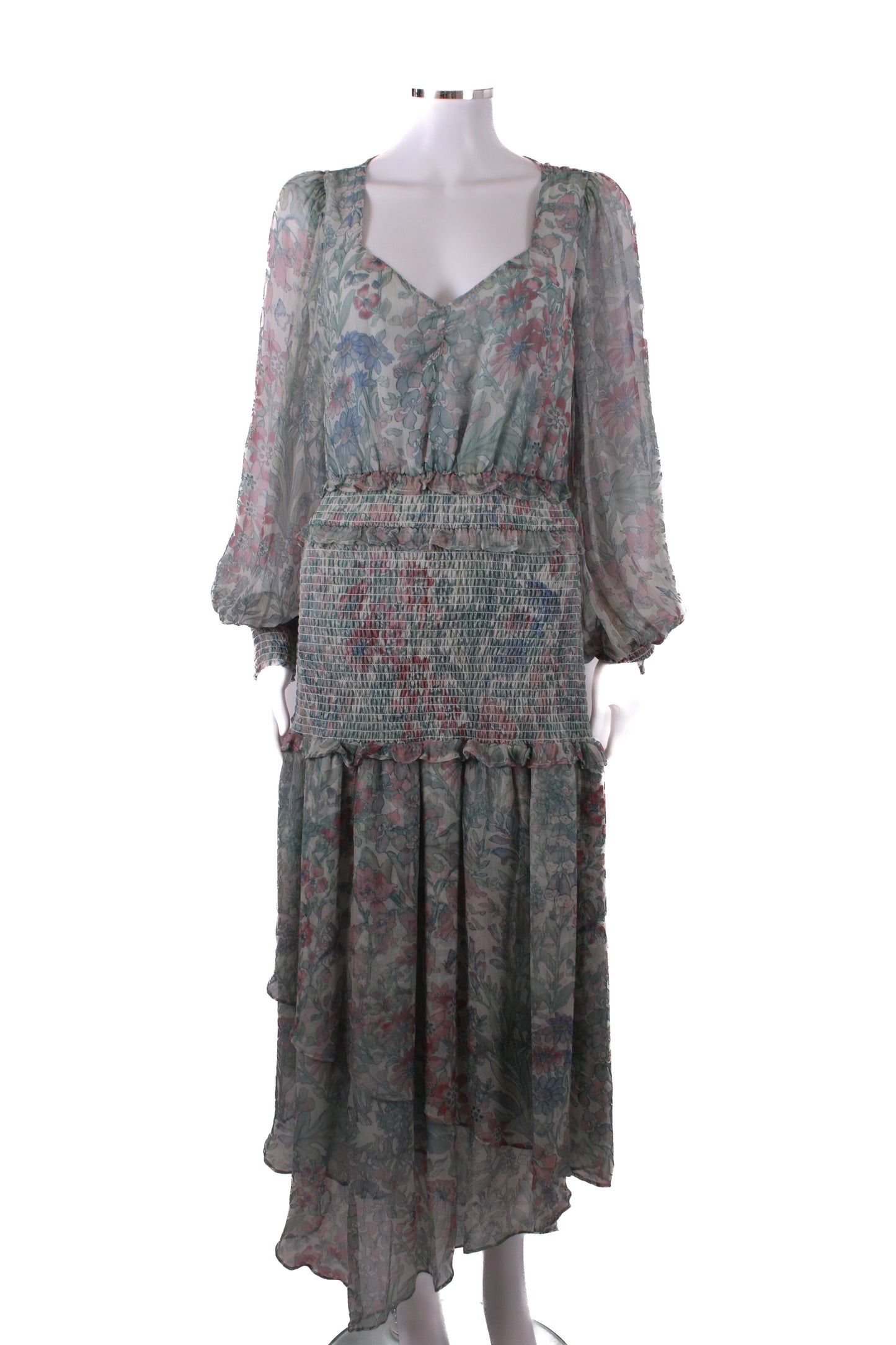 Love Shack Fancy L/S Floral Print Dress Green/ Pink S | O/S, Green