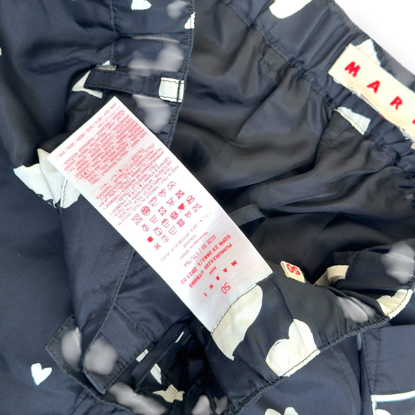 MARNI HEART PRINT SILK TROUSERS NAVY SIZE 50 / L | Large, Navy