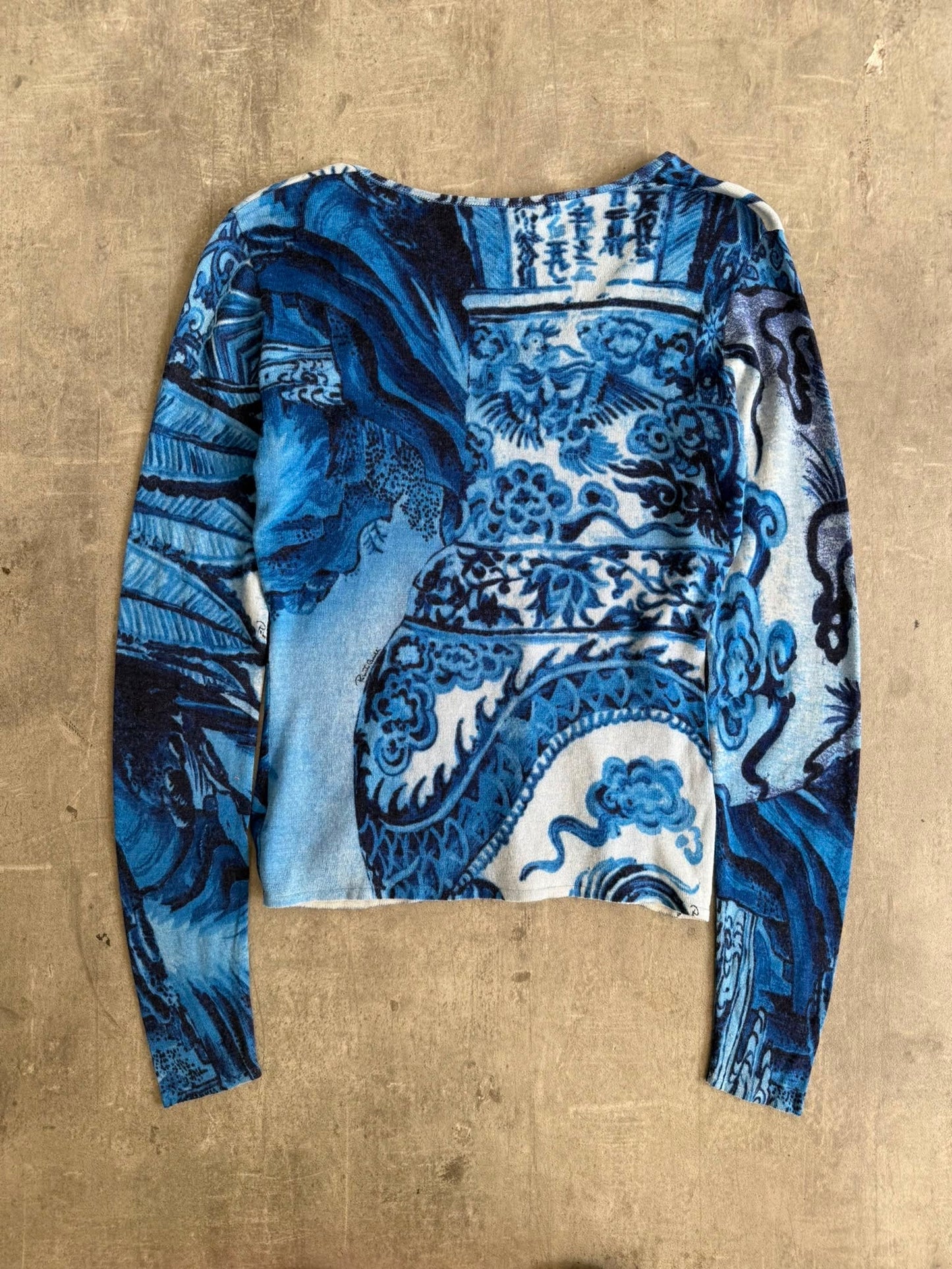 F/W 2005 Roberto Cavalli Chinoiserie Dragon Print LS Tee | Medium, Blue