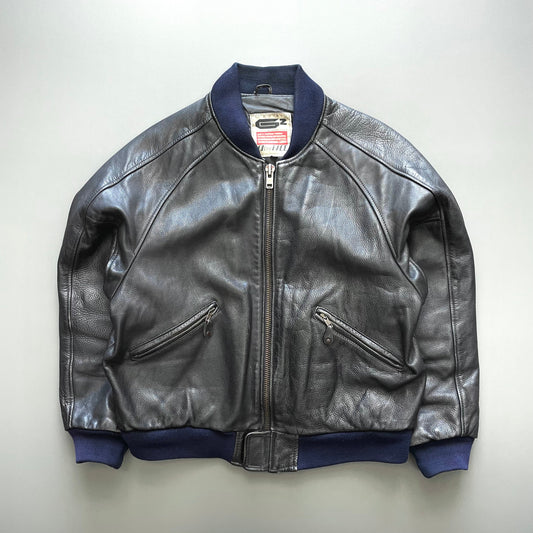 Kadoya Black G2 Leather Navy Trim Bomber Jacket | Medium, Black