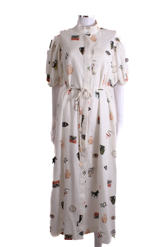 Alemais S/S Print Linen Dress Cream 12 | O/S, Cream