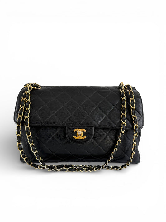 Vintage 90s Chanel Double Sided Black Caviar 24K GHW 30cm Classic Flap Bag | O/S, Black