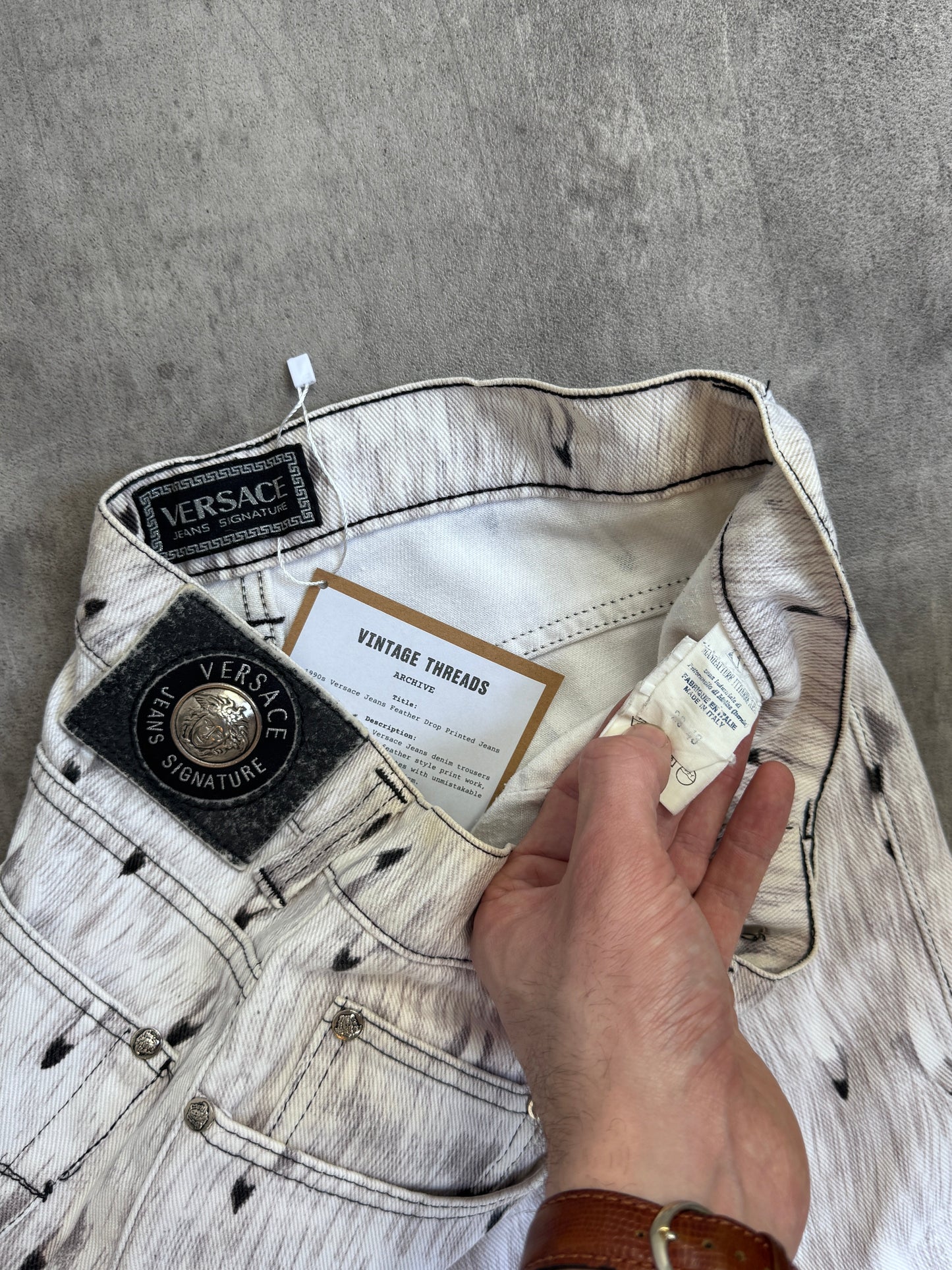 Archive 95' Versace Feather Graphic Print Medusa Embellem Bootcut Jeans