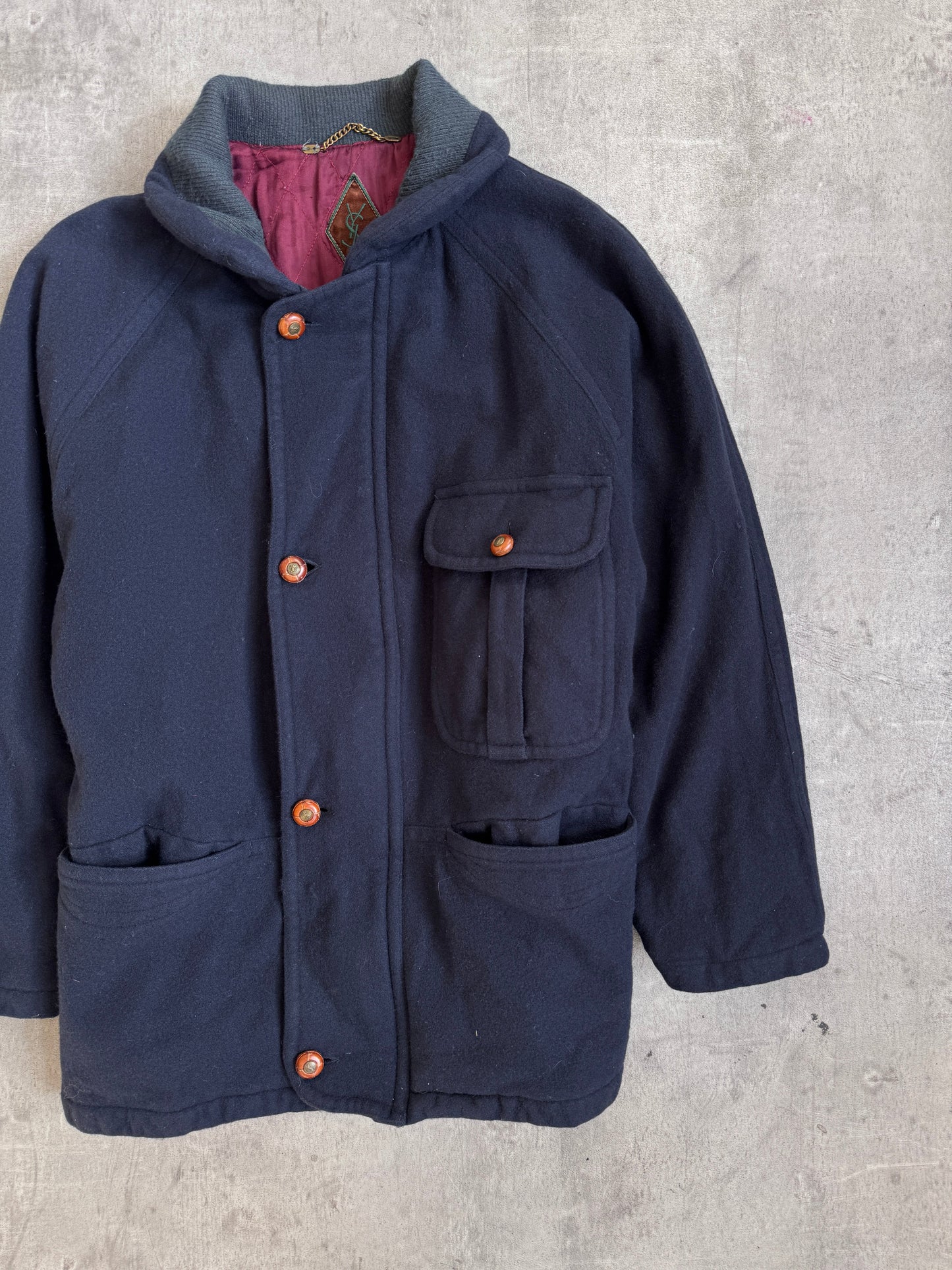 YSL 1980s Logo Embellished Button Navy Wool Quilt Lined Duffle Coat