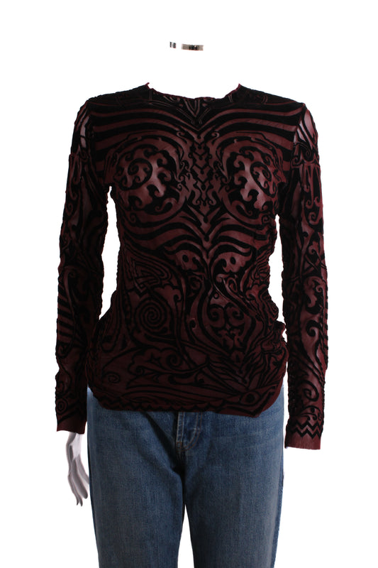 Jean Paul Gaultier Maille Classique L/S Tribal Tattoo Mesh Top Burgundy/ Black S | Small, Black