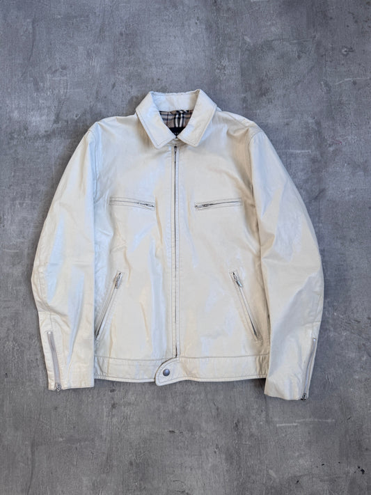 Burberry Cream Nova Check Lined Leather Jacket