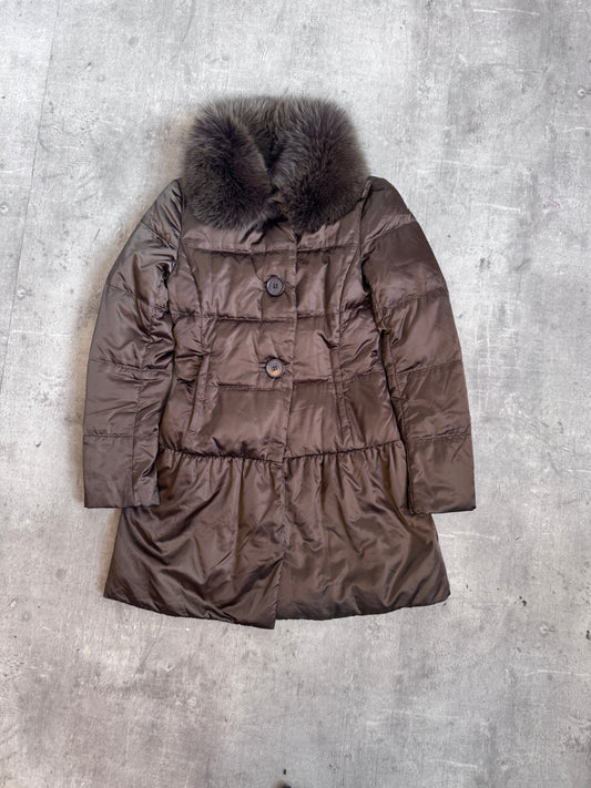 Prada Brown Flare Hem Dyed Alopex Lagopus Fox Trim Puffer Coat