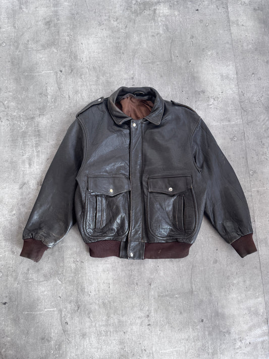 Deep Brown Vintage Leather Bomber Jacket
