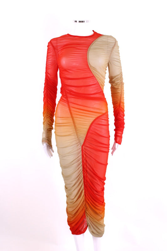 Mugler L/S Ombre Mesh Dress Orange/ Beige S | O/S, Multicoloured