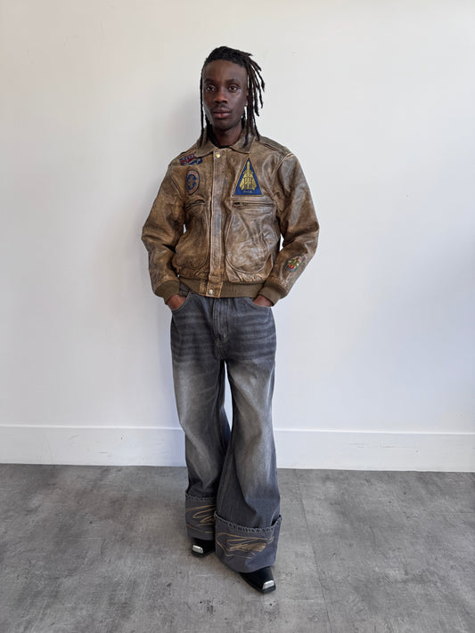 Top Gun Patch Embellished Map Lined Taupe Distressed Leather Bomber Jacket (SOLD AS SEEN)