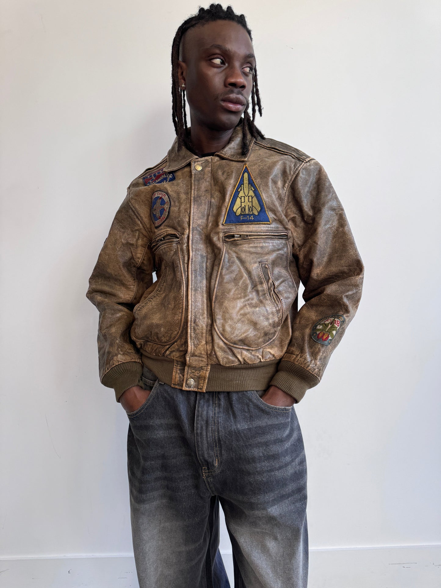 Top Gun Patch Embellished Map Lined Taupe Distressed Leather Bomber Jacket (SOLD AS SEEN)