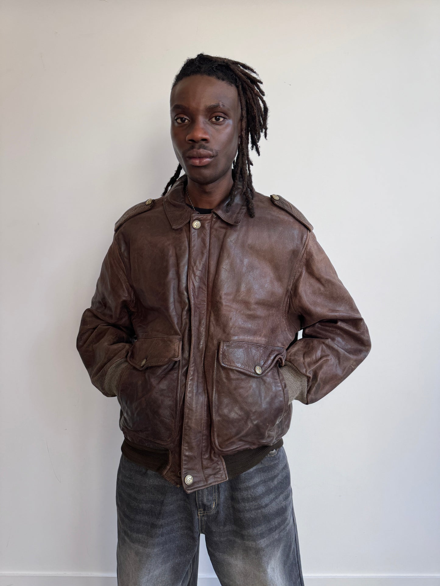 Normans Bole Brown Distressed Leather Bomber Jacket