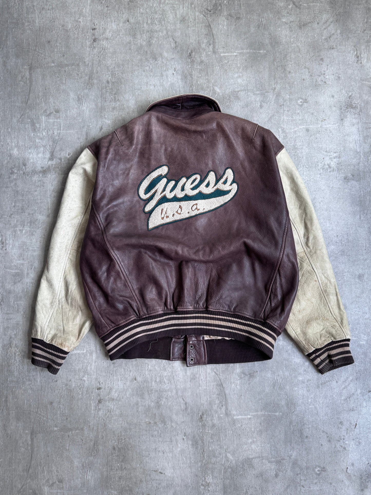 Guess Two Tone Spellout Leather Varsity Jacket