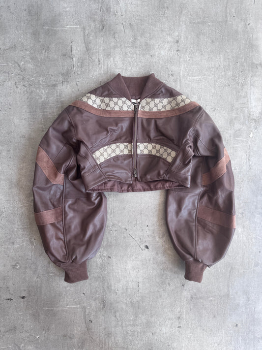 VT Rework: Gucci Canvas Monogram Cropped Balloon Sleeve Leather Jacket | Small, Multicoloured