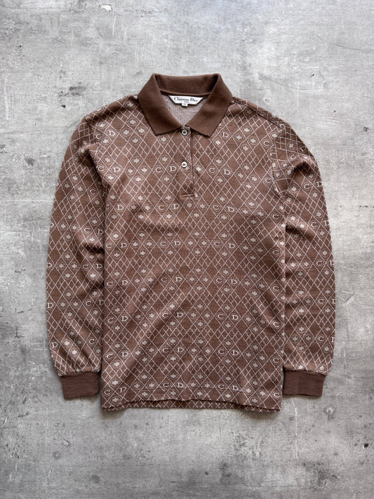 Christian Dior Monogram Jacquard Brown LS Knit Polo | Small, Brown