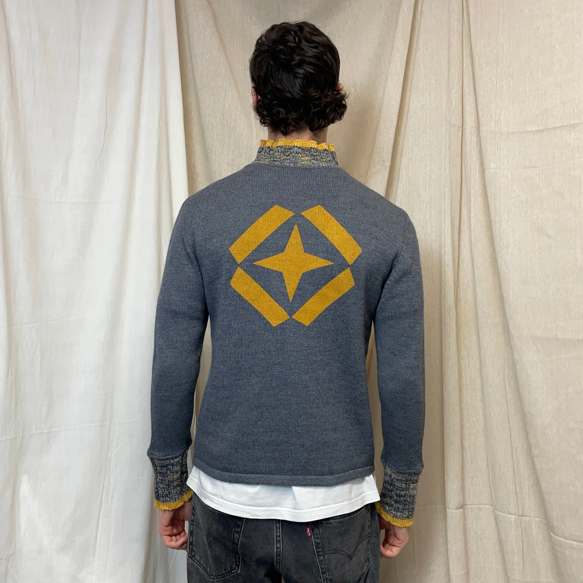 Armani Jeans Grey & Multicolour 00s Alpaca & Wool Blend Knit Half-Zip Jumper | Medium, Grey