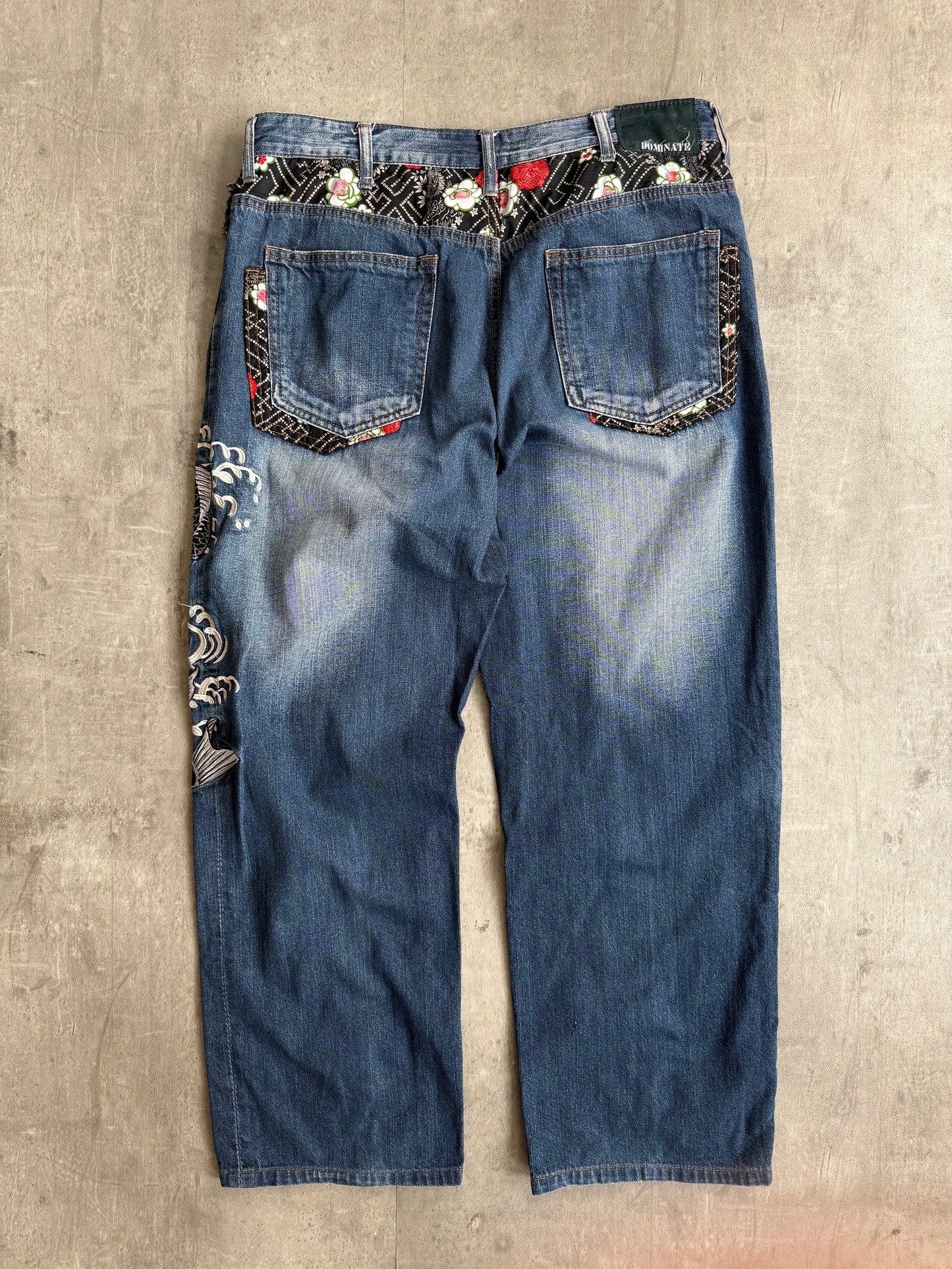 Dominate Japanese Koi Fish Embroidered Denim Jeans