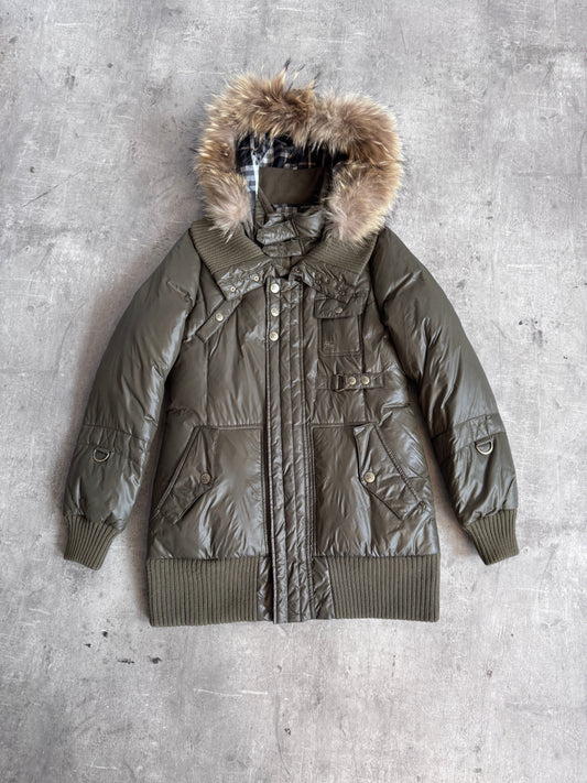 Burberry Blue Label Khaki Fox Fur Trim Parka Coat