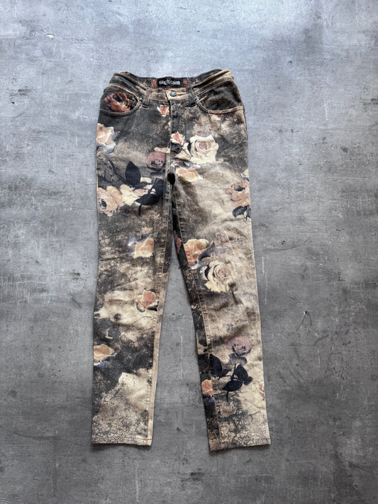 1990's Roberto Cavalli Floral Gold Rose Print Jeans | UK12, Multicoloured
