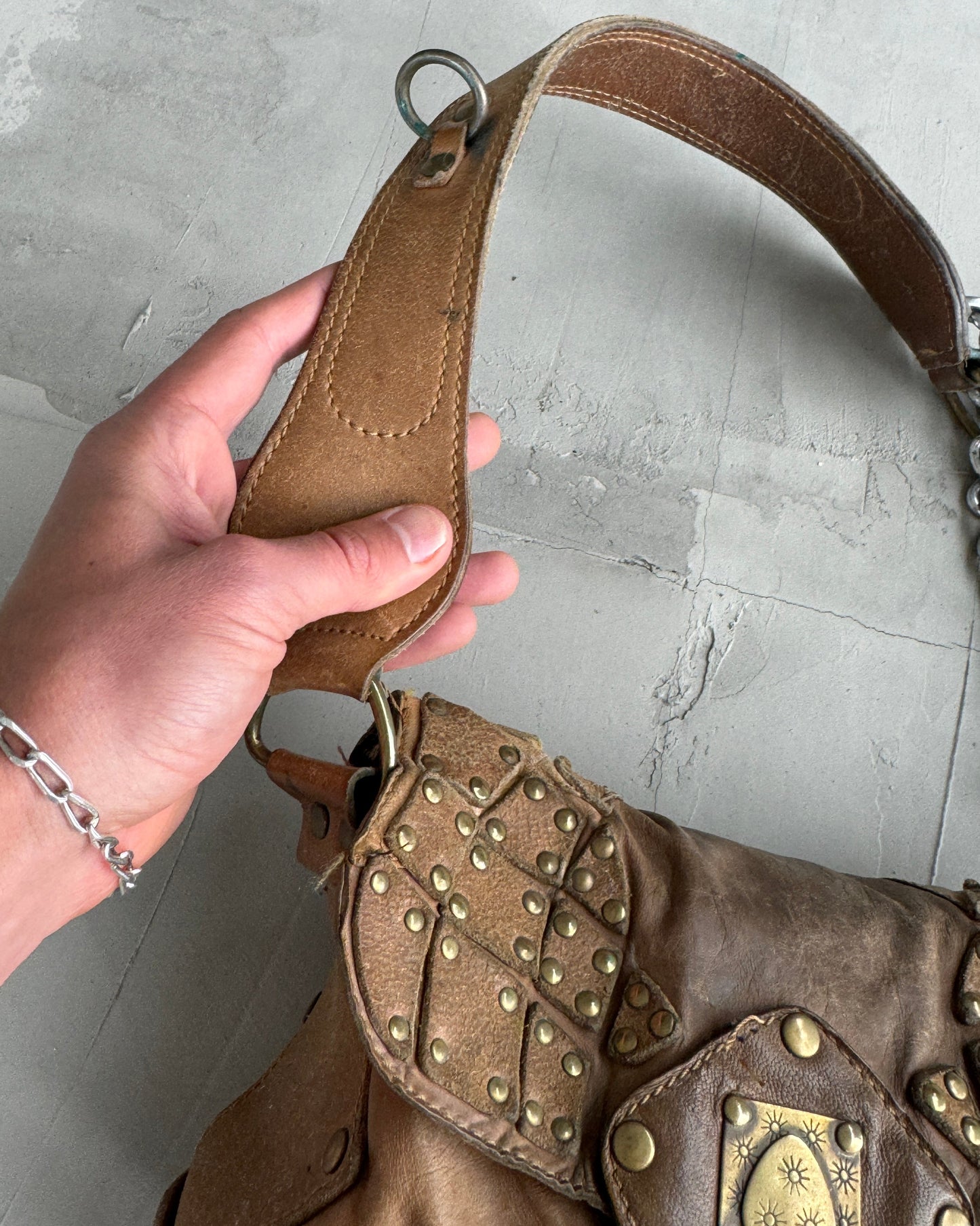 DIESEL 90'S BROWN LEATHER & CHROME SHOULDER BAG | O/S, Multicoloured
