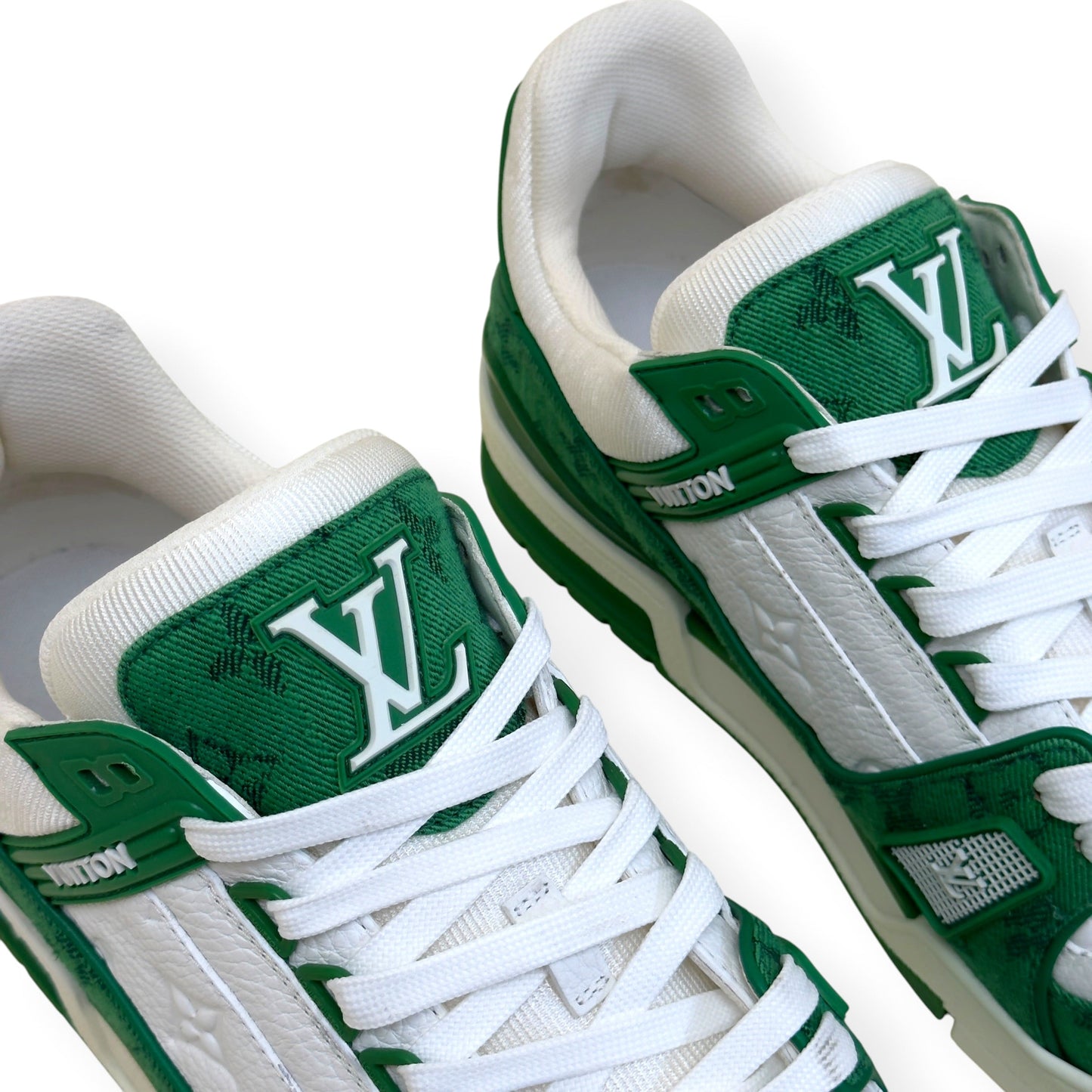LOUIS VUITTON LV TRAINER MONOGRAM DENIM SNEAKER GREEN / WHITE UK8.5 | UK 8.5, Green
