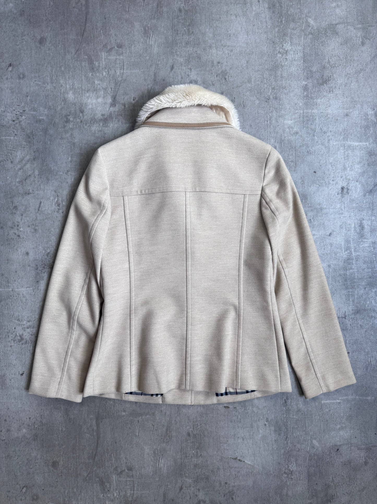 Burberry Blue Label Nova Check Lining With Faux Fur Collar Cream Coat