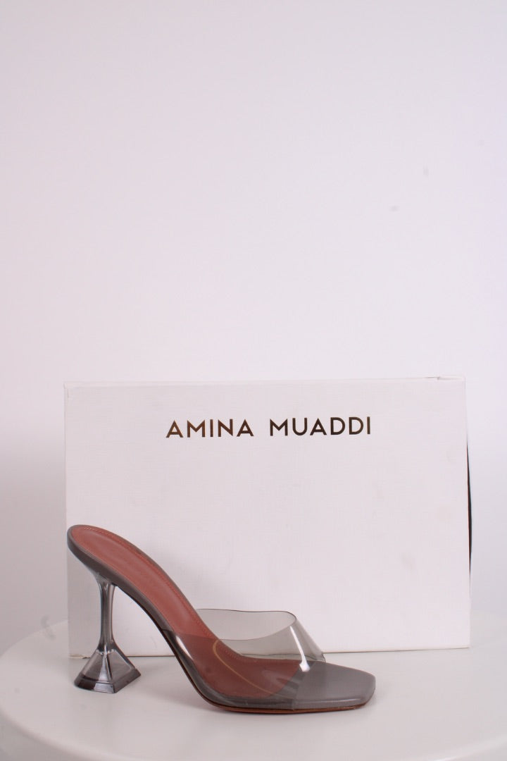 Amina Muaddi Lupita Glass PVC Heels Light Grey 38 | O/S, Grey
