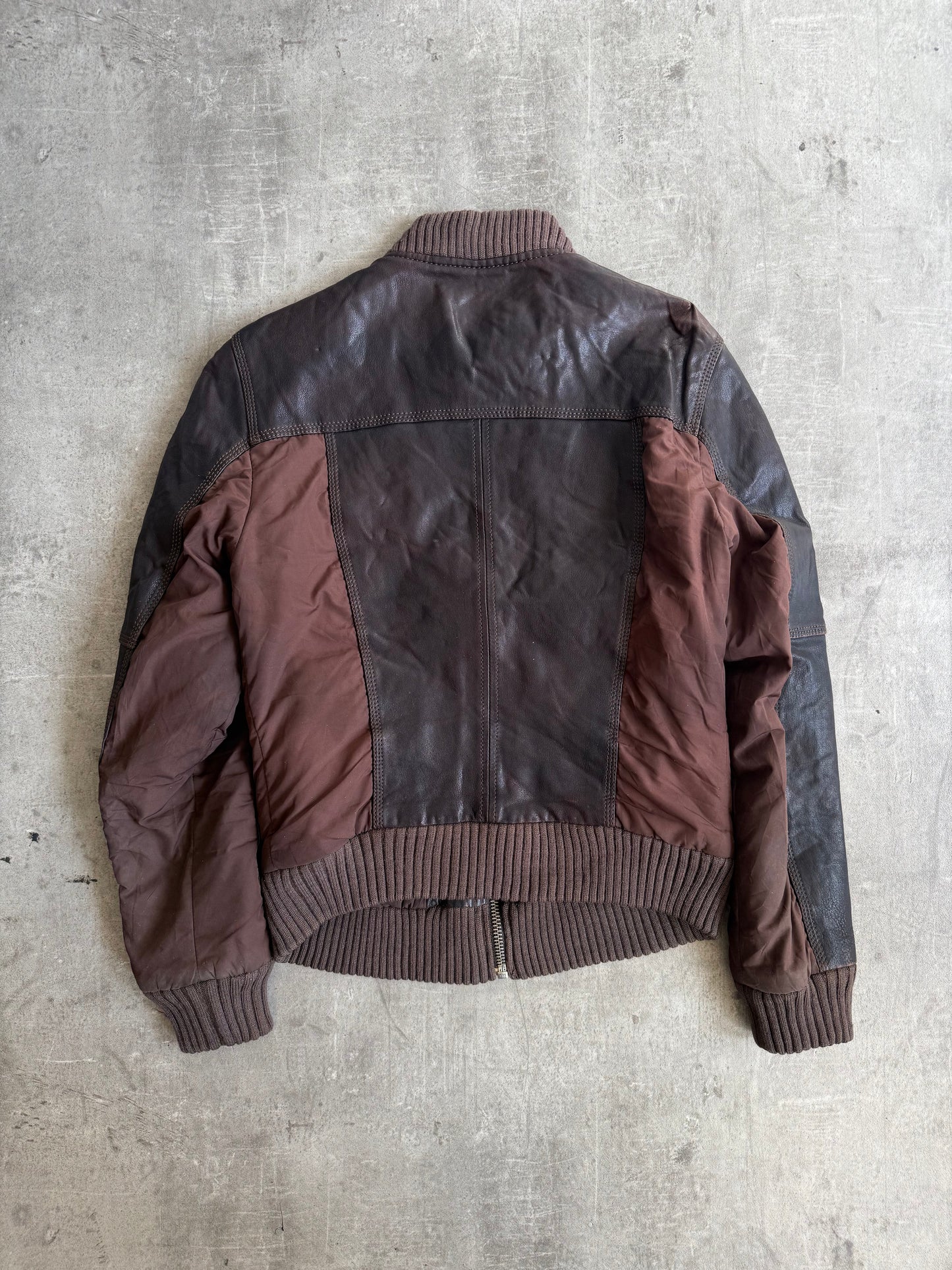 Dolce and Gabbana Leather Nylon Hybrid Brown Bomber Jacket