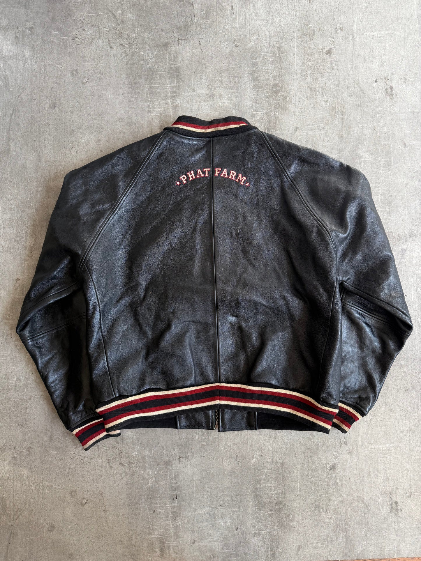 Phat Farm Spellout Weathered Varsity Leather Jacket | Extra Large, Black