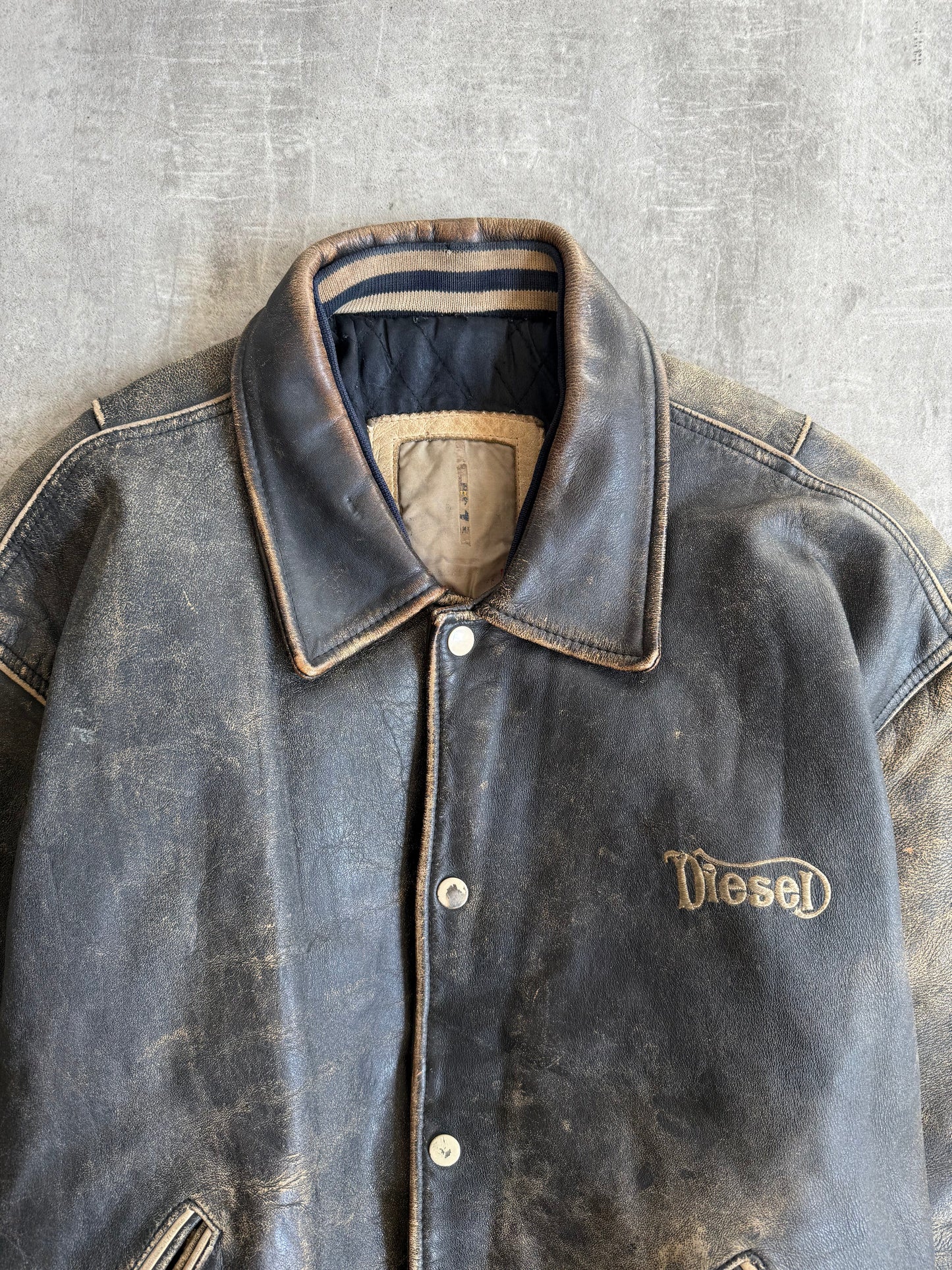 1990s Diesel Back Spellout Distressed Leather Jacket